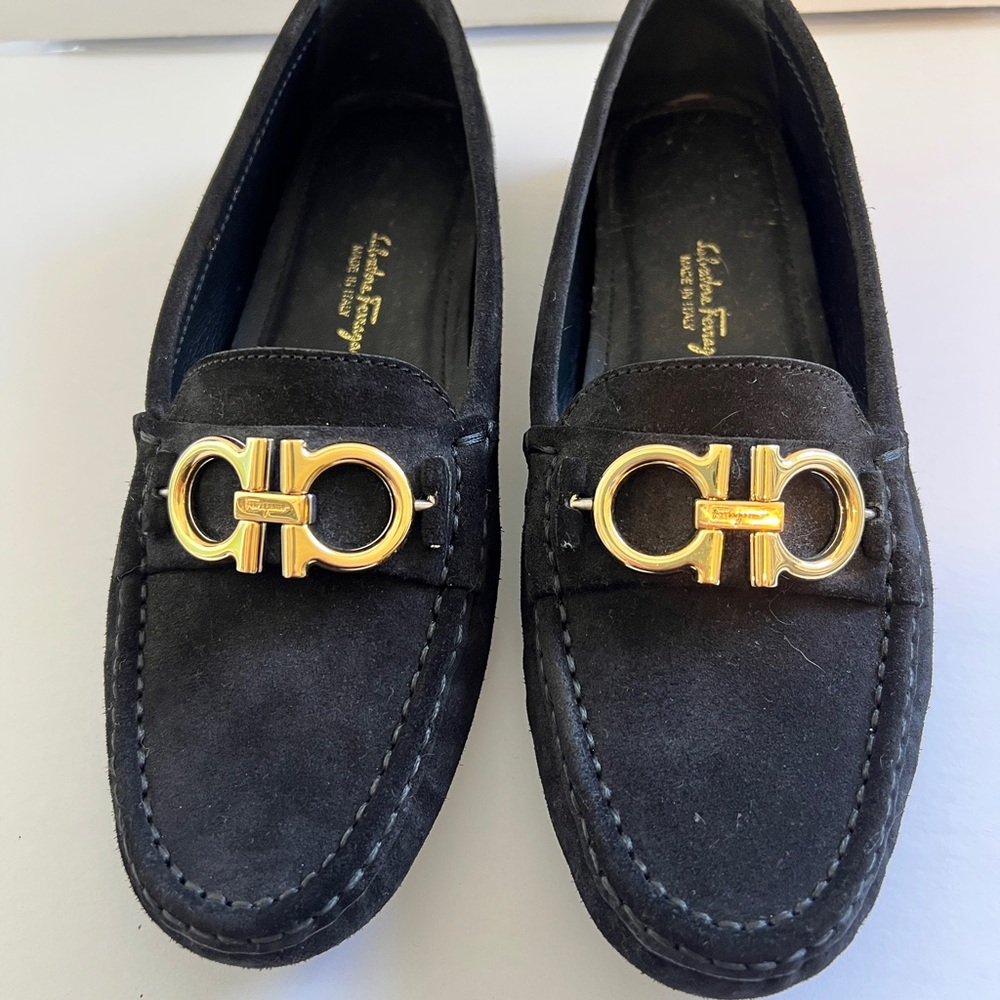 Salvatore Ferragamo Black and Gold Flats with Suede Finish
